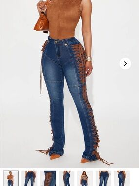 Fashion Nova Blue Denim Boot Cut Jeans with Brown Lace-Up Sides